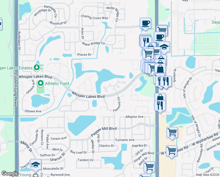map of restaurants, bars, coffee shops, grocery stores, and more near 2120 Whitewood Court in Orlando