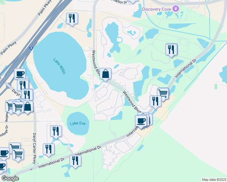 map of restaurants, bars, coffee shops, grocery stores, and more near 11588 Westwood Boulevard in Orlando