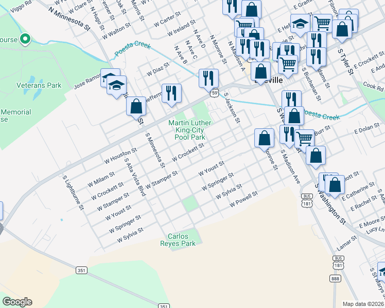 map of restaurants, bars, coffee shops, grocery stores, and more near 404 South Burke Street in Beeville