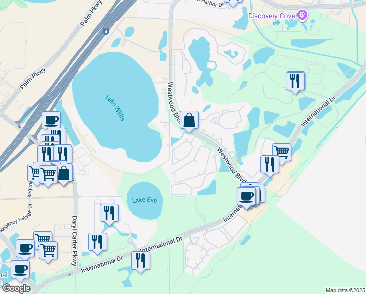 map of restaurants, bars, coffee shops, grocery stores, and more near 11526 Westwood Boulevard in Orlando