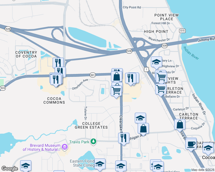 map of restaurants, bars, coffee shops, grocery stores, and more near 1952 Quail Ridge Court in Cocoa