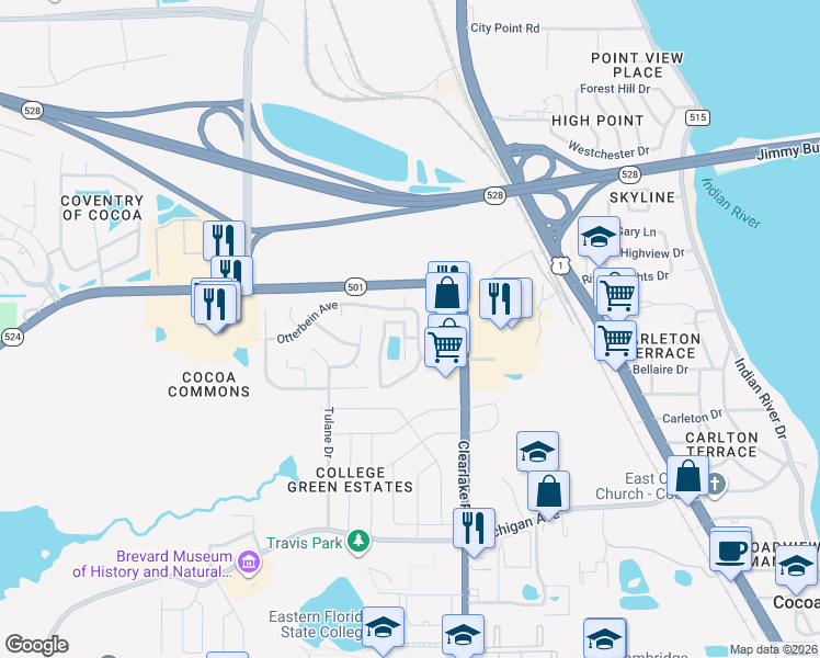 map of restaurants, bars, coffee shops, grocery stores, and more near 1952 Quail Ridge Court in Cocoa