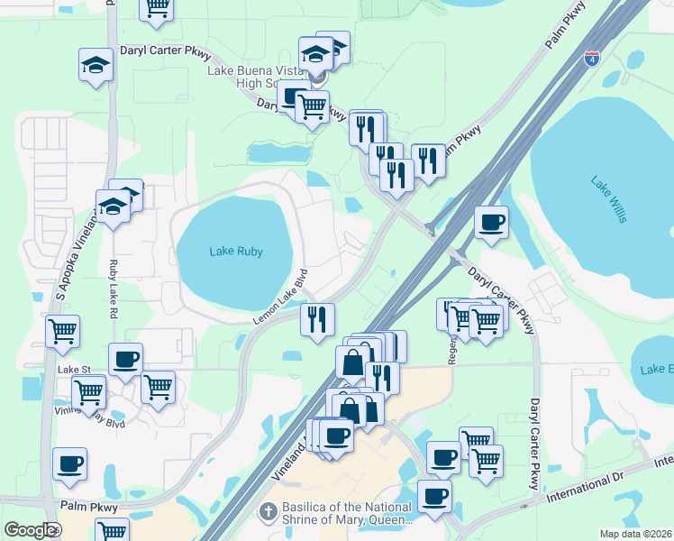 map of restaurants, bars, coffee shops, grocery stores, and more near 10903 Citron Oaks Drive in Orlando
