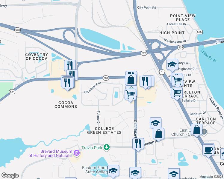 map of restaurants, bars, coffee shops, grocery stores, and more near 1935 Quail Ridge Court in Cocoa