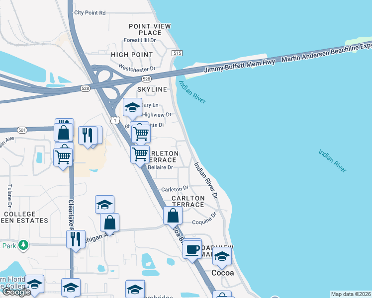 map of restaurants, bars, coffee shops, grocery stores, and more near 2811 Indian River Drive in Cocoa