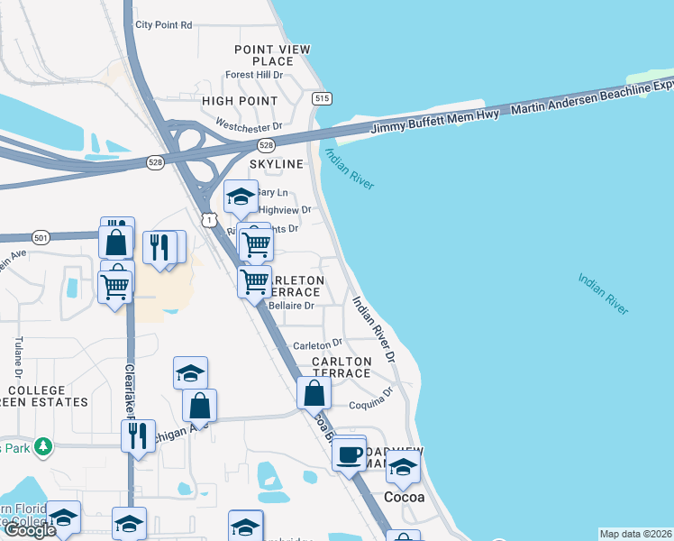 map of restaurants, bars, coffee shops, grocery stores, and more near 2703 Indian River Drive in Cocoa