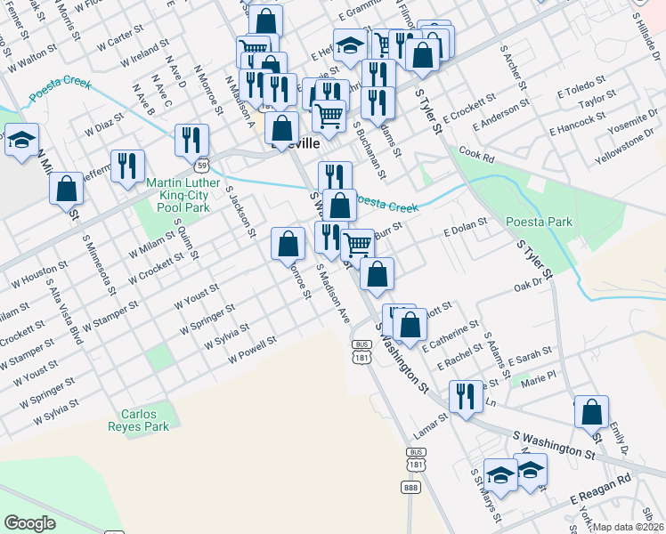 map of restaurants, bars, coffee shops, grocery stores, and more near 702 South Washington Street in Beeville