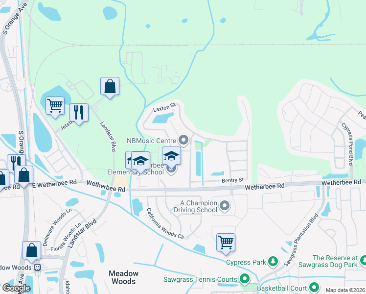 map of restaurants, bars, coffee shops, grocery stores, and more near 10131 Laxton Street in Orlando