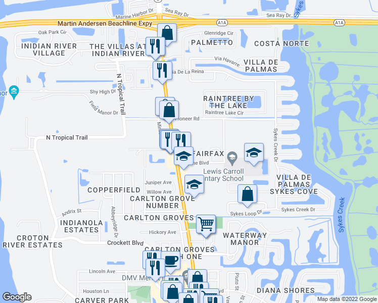 map of restaurants, bars, coffee shops, grocery stores, and more near 2155 Emerald Court in Merritt Island