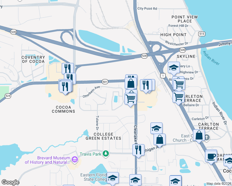 map of restaurants, bars, coffee shops, grocery stores, and more near 1933 Quail Ridge Court in Cocoa