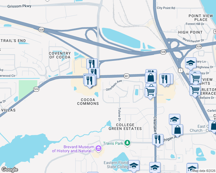 map of restaurants, bars, coffee shops, grocery stores, and more near 2119 Otterbein Avenue in Cocoa