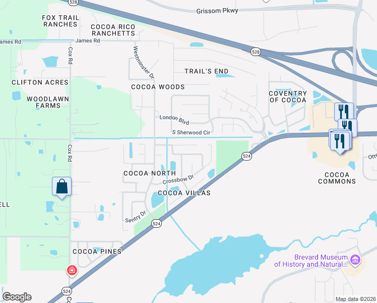 map of restaurants, bars, coffee shops, grocery stores, and more near 2212 Lance Boulevard in Cocoa