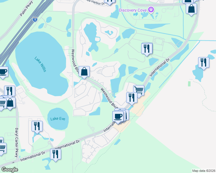 map of restaurants, bars, coffee shops, grocery stores, and more near 11497 Solaya Way in Orlando
