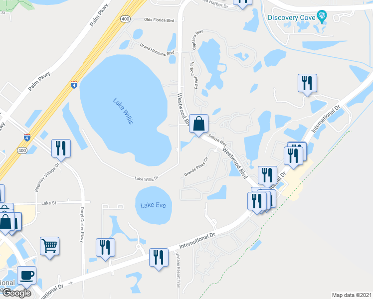 map of restaurants, bars, coffee shops, grocery stores, and more near 11526 Westwood Boulevard in Orlando