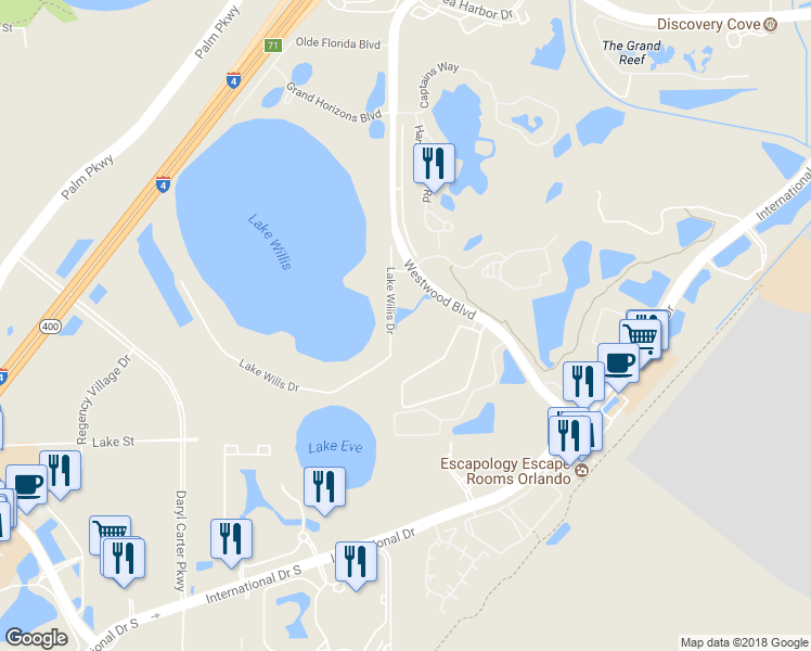 map of restaurants, bars, coffee shops, grocery stores, and more near 11526 Westwood Boulevard in Orlando