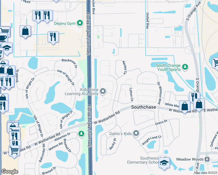 map of restaurants, bars, coffee shops, grocery stores, and more near 11725 Kennington Court in Orlando