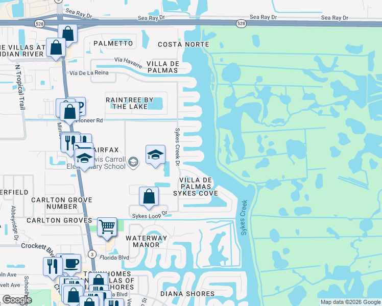 map of restaurants, bars, coffee shops, grocery stores, and more near 218 Mariah Court in Merritt Island