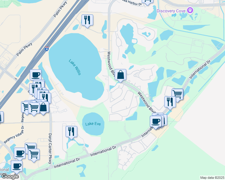 map of restaurants, bars, coffee shops, grocery stores, and more near 11520 Westwood Boulevard in Orlando