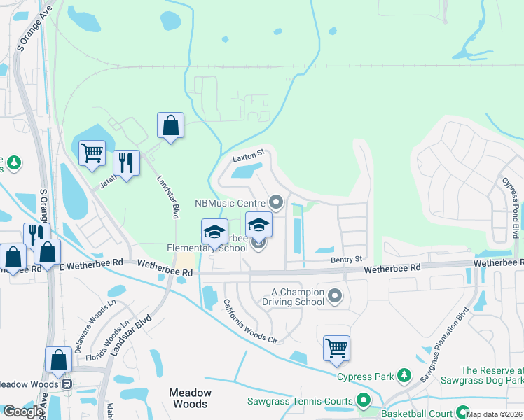 map of restaurants, bars, coffee shops, grocery stores, and more near 10131 Laxton Street in Orlando