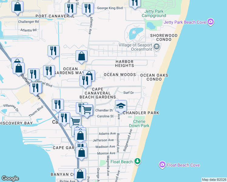 map of restaurants, bars, coffee shops, grocery stores, and more near 250 East Central Boulevard in Cape Canaveral