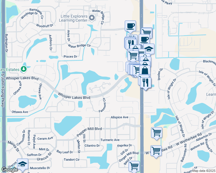 map of restaurants, bars, coffee shops, grocery stores, and more near 2049 Waterleaf Street in Orlando