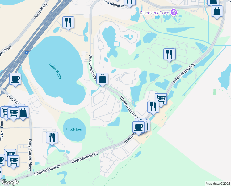 map of restaurants, bars, coffee shops, grocery stores, and more near 11449 Solaya Way in Orlando
