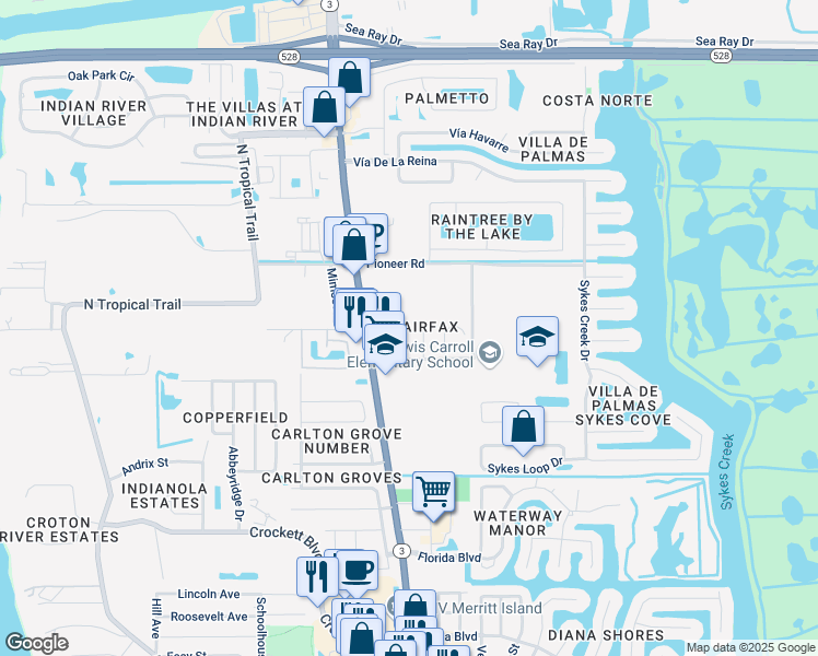 map of restaurants, bars, coffee shops, grocery stores, and more near 2173 Emerald Court in Merritt Island