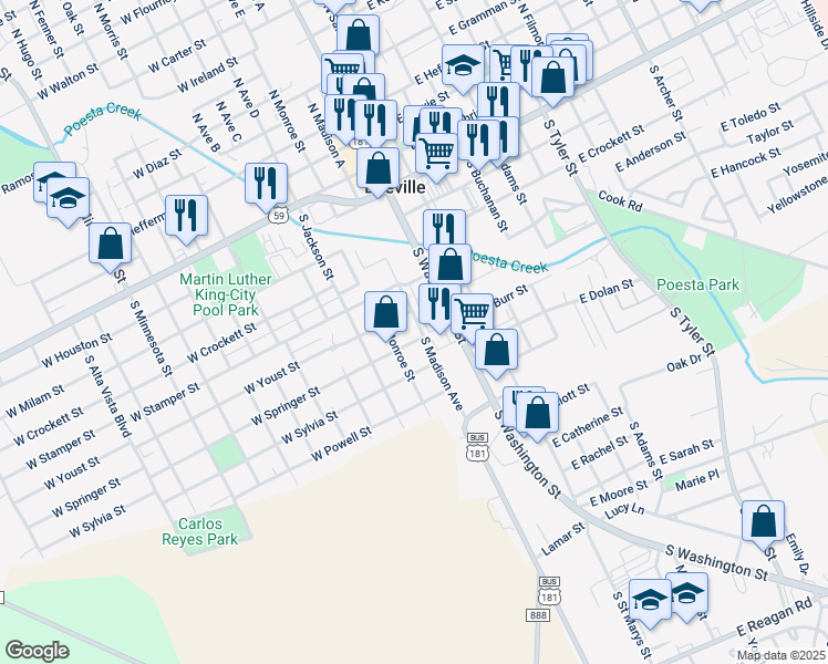 map of restaurants, bars, coffee shops, grocery stores, and more near 510 South Madison Avenue in Beeville