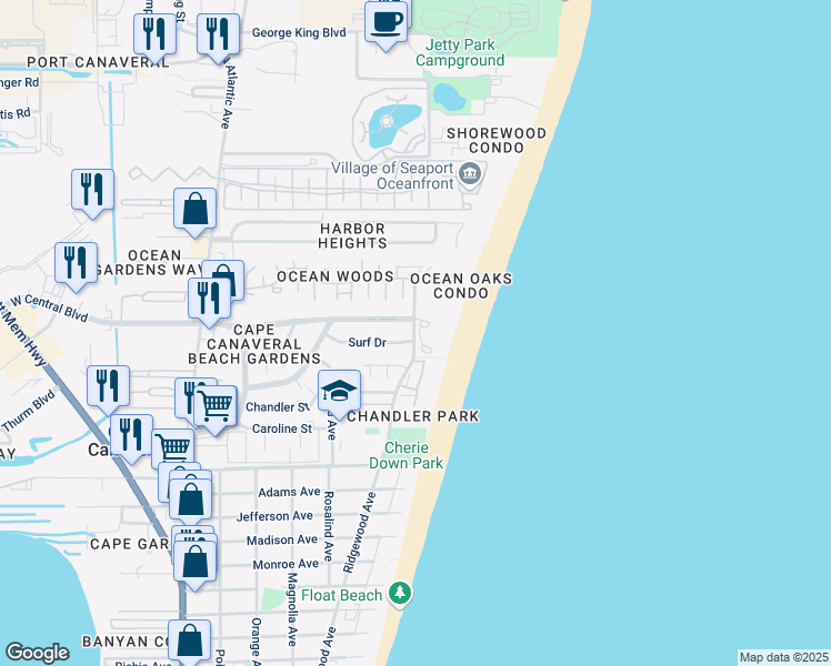 map of restaurants, bars, coffee shops, grocery stores, and more near 8600 Ridgewood Avenue in Cape Canaveral