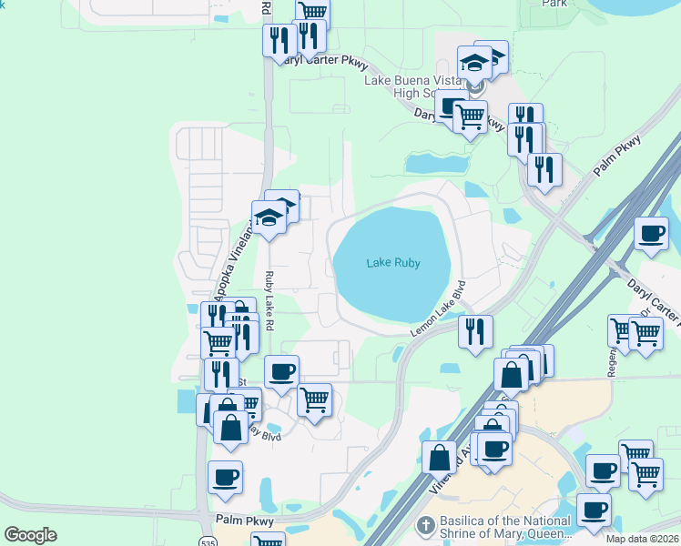 map of restaurants, bars, coffee shops, grocery stores, and more near 11280 Lemon Lake Boulevard in Orlando