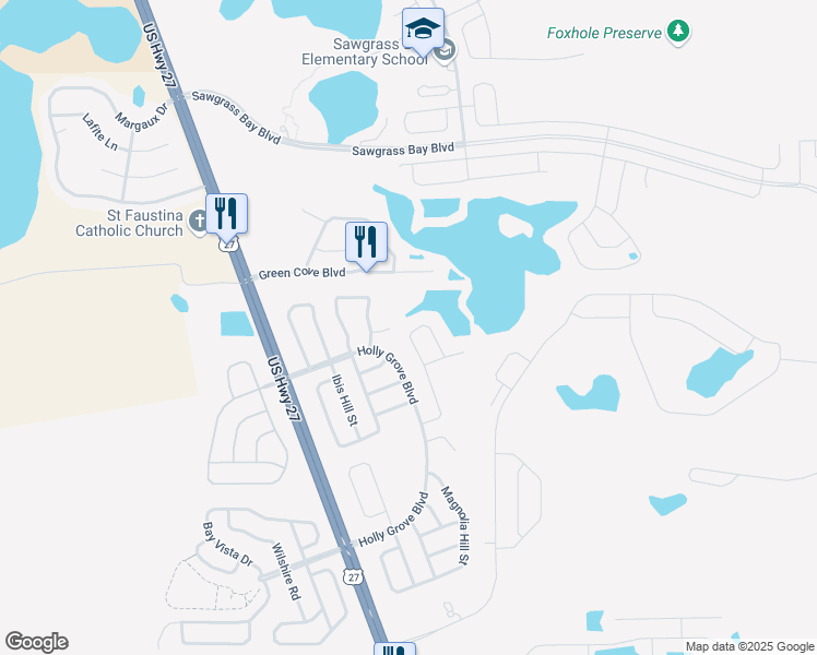 map of restaurants, bars, coffee shops, grocery stores, and more near 16245 Egret Hill Street in Clermont