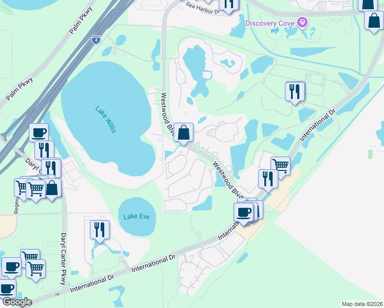 map of restaurants, bars, coffee shops, grocery stores, and more near 11550 Westwood Boulevard in Orlando