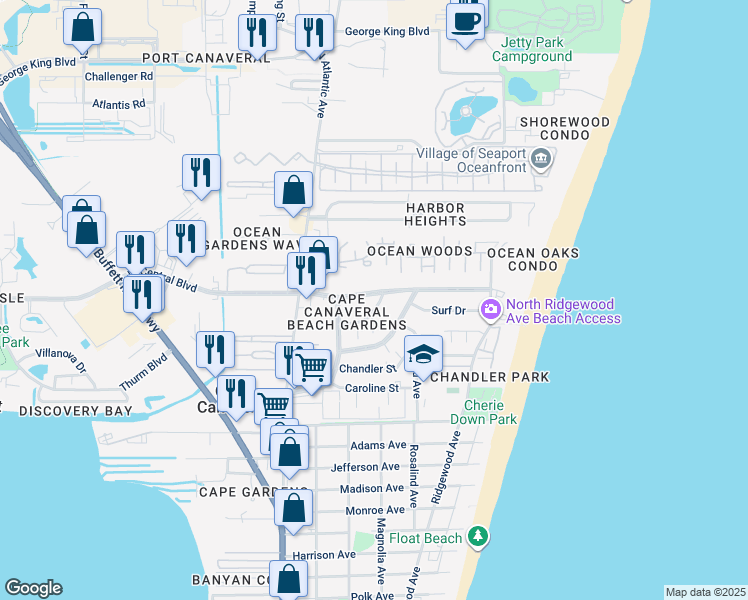 map of restaurants, bars, coffee shops, grocery stores, and more near 232 Circle Drive in Cape Canaveral