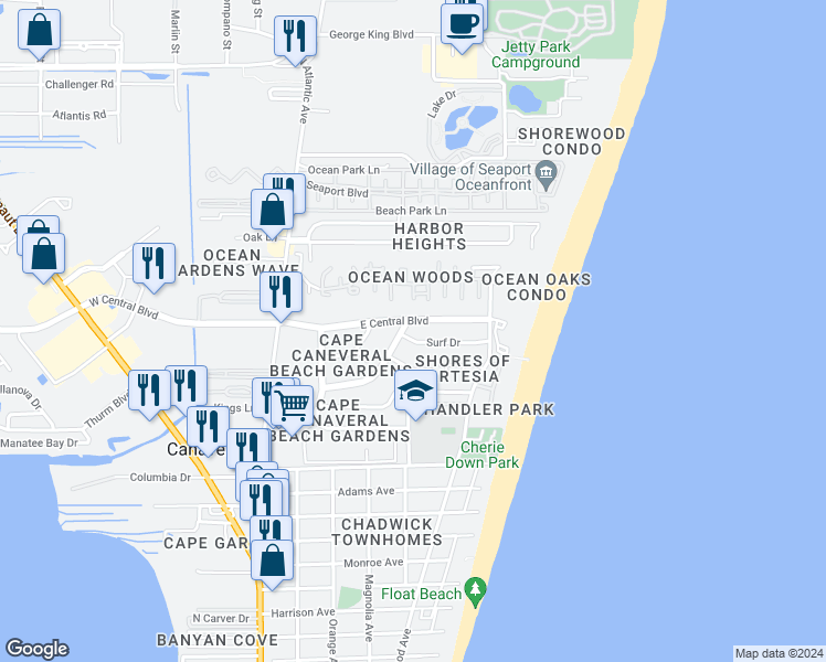 map of restaurants, bars, coffee shops, grocery stores, and more near 299 East Central Boulevard in Cape Canaveral