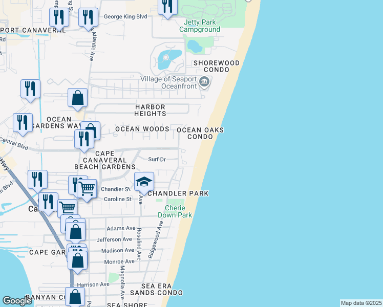 map of restaurants, bars, coffee shops, grocery stores, and more near 8600 Ridgewood Avenue in Cape Canaveral