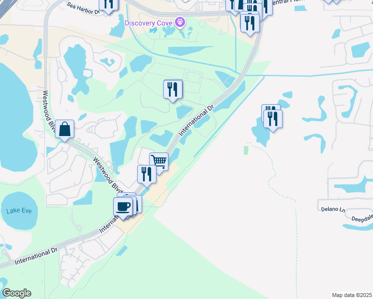 map of restaurants, bars, coffee shops, grocery stores, and more near 10195 Ancora Cir in Orlando