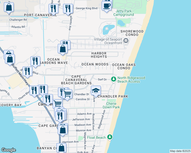 map of restaurants, bars, coffee shops, grocery stores, and more near 302 East Central Boulevard in Cape Canaveral