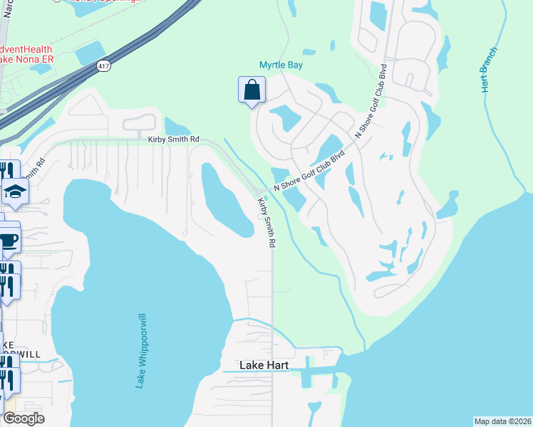 map of restaurants, bars, coffee shops, grocery stores, and more near 10838 Lago Bella Drive in Orlando