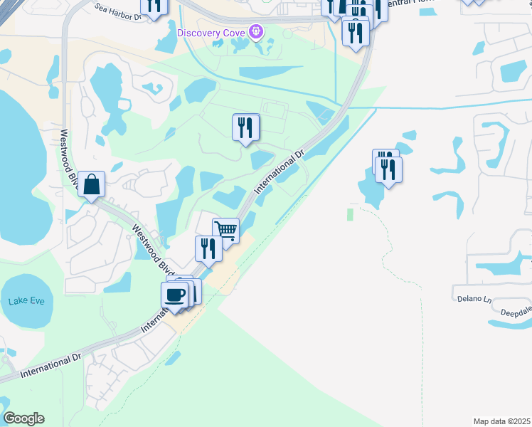 map of restaurants, bars, coffee shops, grocery stores, and more near 10195 Ancora Cir in Orlando