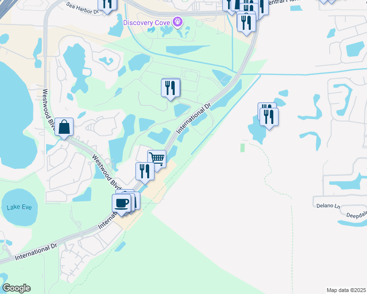 map of restaurants, bars, coffee shops, grocery stores, and more near 10195 Ancora Cir in Orlando