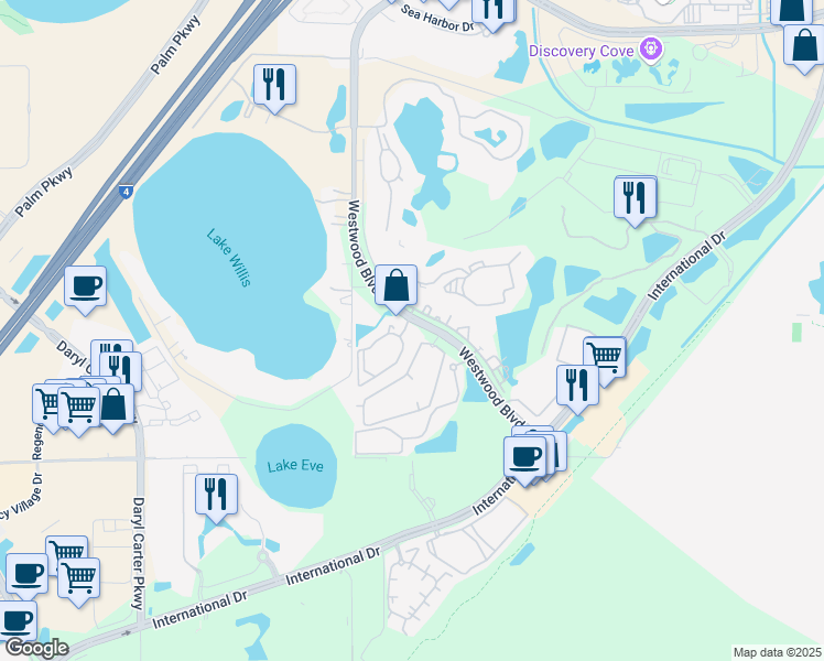 map of restaurants, bars, coffee shops, grocery stores, and more near 11550 Westwood Boulevard in Orlando