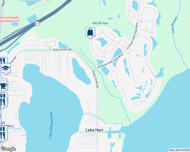 map of restaurants, bars, coffee shops, grocery stores, and more near 10838 Lago Bella Drive in Orlando