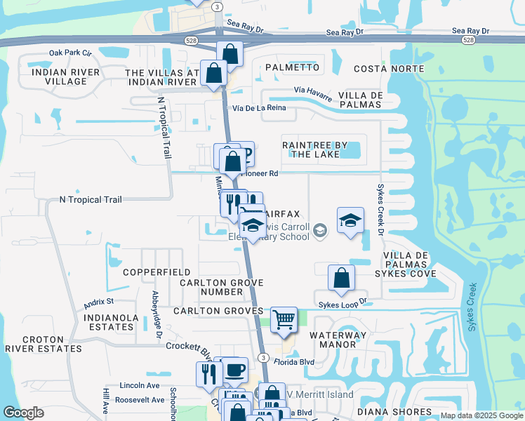 map of restaurants, bars, coffee shops, grocery stores, and more near 2173 Emerald Court in Merritt Island