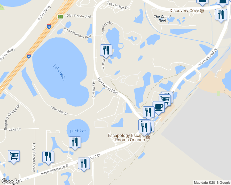 map of restaurants, bars, coffee shops, grocery stores, and more near 11449 Solaya Way in Orlando