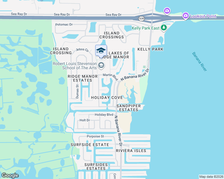 map of restaurants, bars, coffee shops, grocery stores, and more near 1470 Canaveral Court in Merritt Island