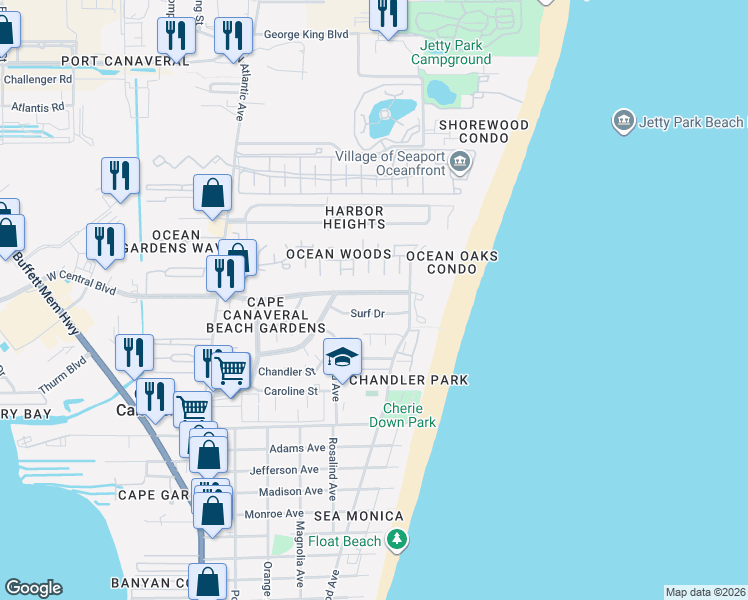 map of restaurants, bars, coffee shops, grocery stores, and more near 312 East Central Boulevard in Cape Canaveral