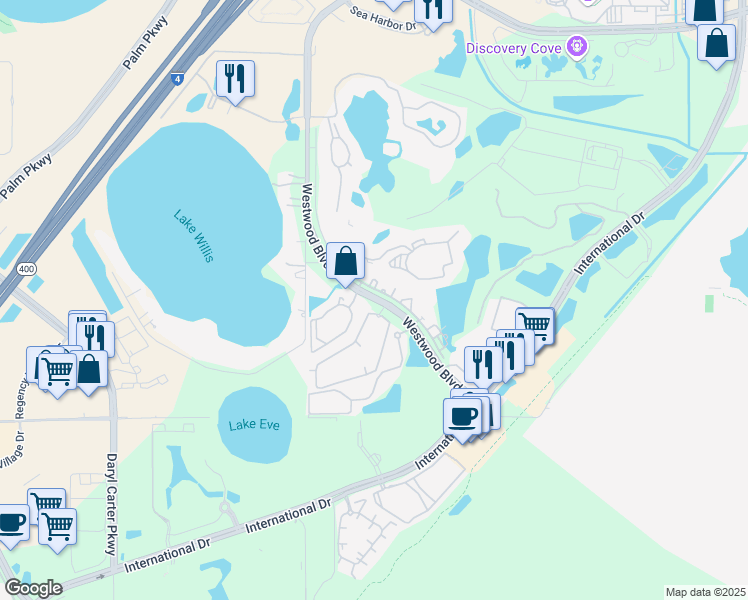 map of restaurants, bars, coffee shops, grocery stores, and more near 11550 Westwood Boulevard in Orlando