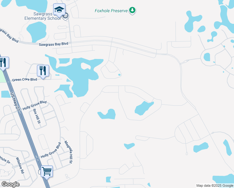 map of restaurants, bars, coffee shops, grocery stores, and more near Beargrass Street in Clermont