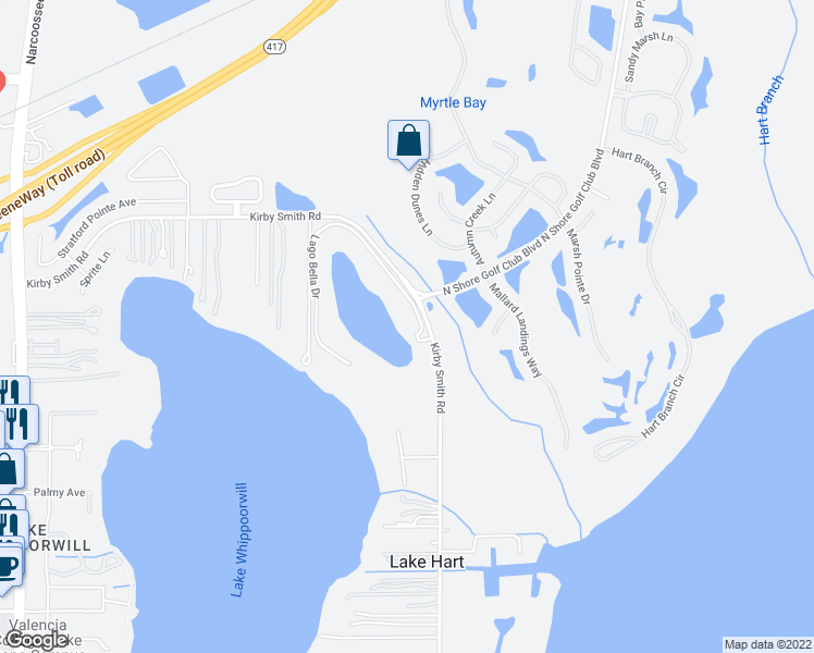 map of restaurants, bars, coffee shops, grocery stores, and more near 10838 Lago Bella Drive in Orlando