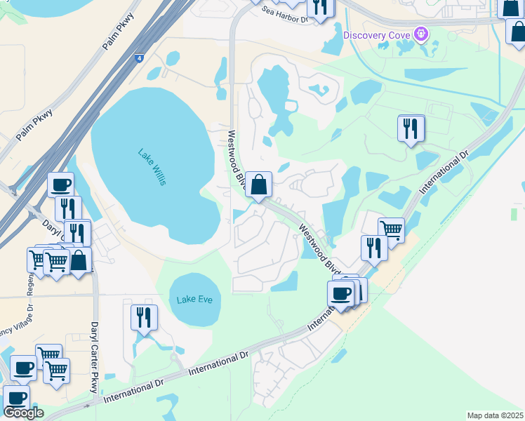map of restaurants, bars, coffee shops, grocery stores, and more near 11550 Westwood Boulevard in Orlando